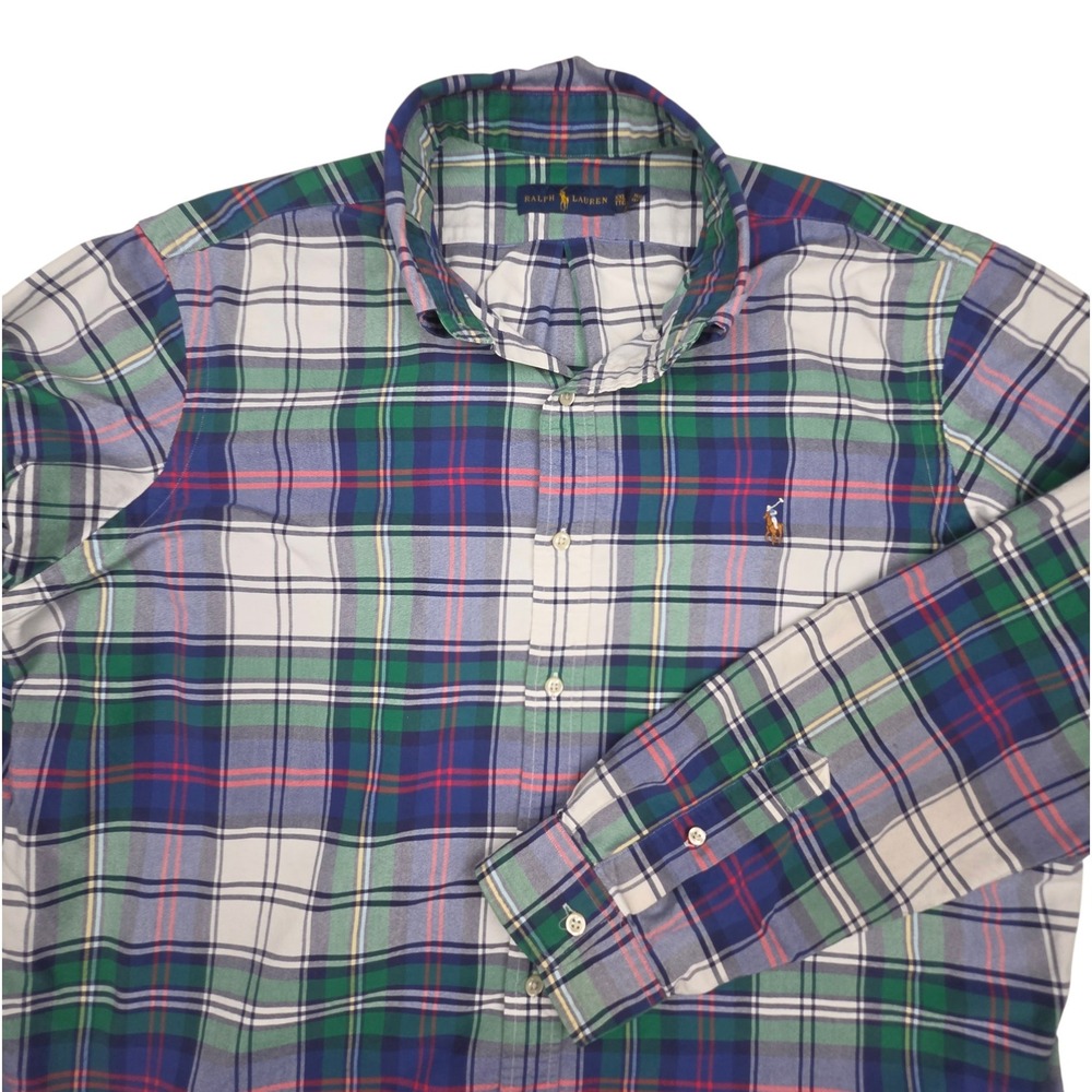 Ralph Lauren Plaid Button Down Shirt XXL Blue Green Cotton Long Sleeve Preppy